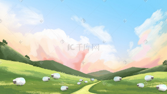 白马草原插画图片_秋天蜡笔风格草原与羊