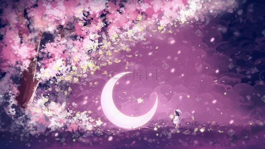 小月亮月亮插画图片_唯美治愈梦幻森林树林月亮与女孩插画花朵花