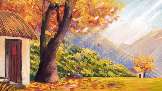 秋天秋季唯美风景枫叶油画房屋风景