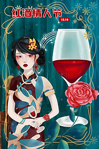 红酒logo插画图片_旗袍女玫瑰红酒情人节
