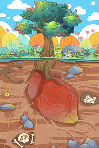 土地干裂插画图片_世界心脏日大树从土地长出