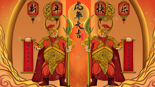 新年开门大吉插画图片_虎年门神虎将军开门大吉