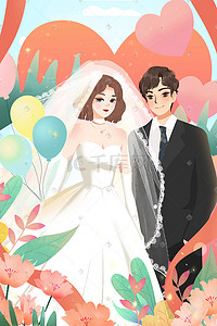 唯美浪漫甜蜜婚礼婚纱新娘新郎鲜花气球插画