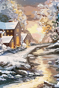 冬季小寒插画图片_冬天冬季二十四节气村子雪景