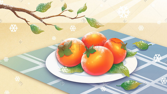 桌子盘插画图片_秋天秋季树叶摆盘红柿子