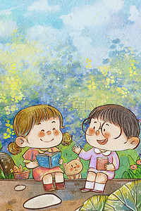 儿童国际日插画图片_国际女童日一起看书读书场景