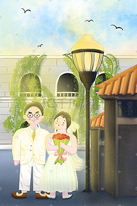 结婚照插画图片_卡通小清新婚礼结婚宣传图