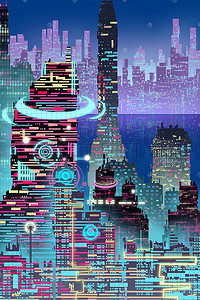 未来科技城市赛博朋克扁平插画