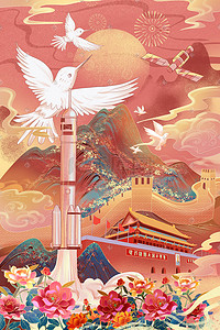 牡丹花logo插画图片_十一国庆国庆节天安门牡丹航天山水长城场景