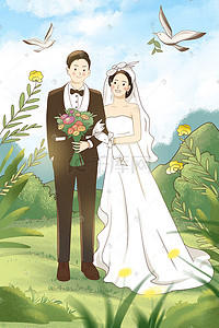 结婚新娘插画图片_婚礼结婚情侣人像婚礼头像婚礼插画