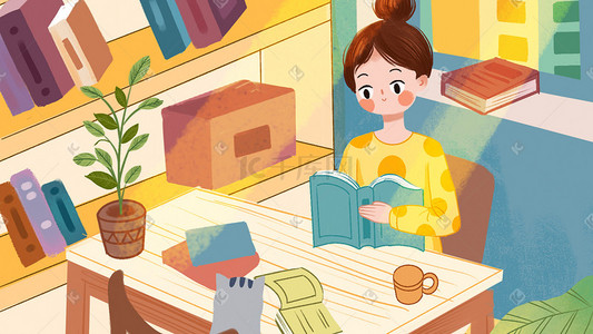 猫咪看插画图片_唯美国际女童日之小女孩在书房看书插画