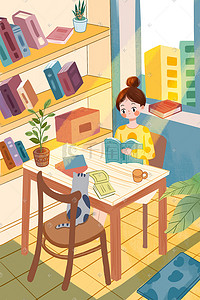看猫咪插画图片_唯美国际女童日之小女孩在书房看书插画