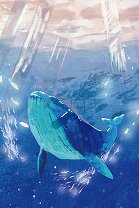 清凉插画图片_海底小清新清凉晚安鲸鱼海洋世界手绘风格插