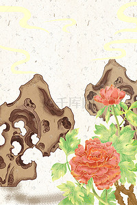 国风古代建筑插画图片_手绘中国风古代建筑假山花朵牡丹手绘场景