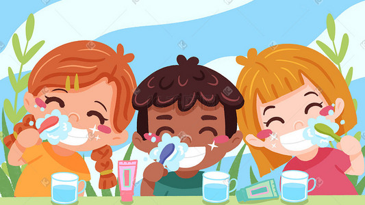 矢量卡通可爱男孩女孩爱护刷牙可爱插画