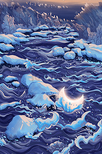 海洋海水插画图片_冬天冬季立冬冬至海水大海月亮新月