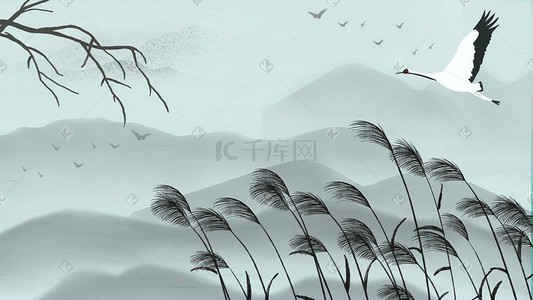 清新水墨中国风插画图片_水墨古风芦苇仙鹤远山中国风景色
