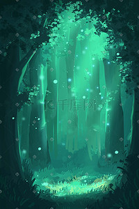 追光光效插画图片_绿色梦幻唯美治愈森林植物树木浪漫场景