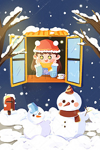 冬天夜晚插画图片_冬至冬天下雪雪人夜晚积雪堆雪人邮筒看雪