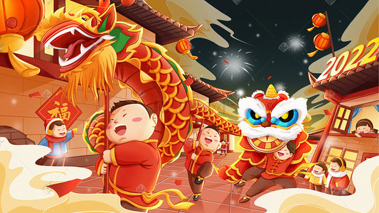 活动主题展板插画图片_新年春节过年舞狮主题国潮插画