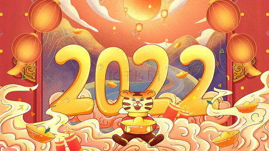 拜年海报插画图片_国潮风2022虎年新年春节插画海报背景