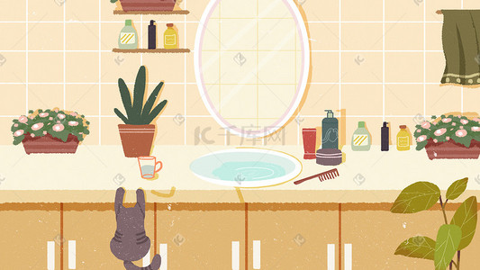 盆栽小番茄插画图片_室内家具浴室盆栽沐浴卫生间镜子手绘猫咪