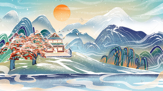 雪景建筑插画图片_冬天风景湖边古风建筑中国风山水雪景