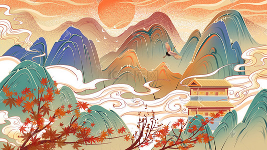 国潮潮插画图片_秋天秋景国潮祥云建筑山水场景