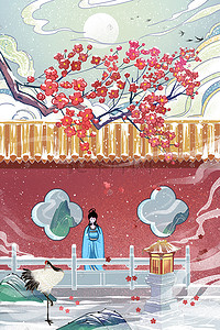 雪景建筑插画图片_冬天风景中国风古风庭院山水人物雪景