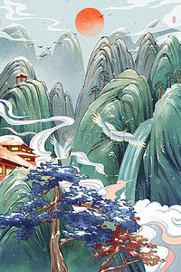 冬季雪松插画图片_冬天风景中国风松柏瀑布山水雪景