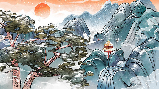 初升的太阳插画图片_冬天风景中国风山水雪松太阳雪景