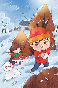 小男孩小女孩插画图片_卡通小雪节气冬天打雪仗的小男孩和小女孩