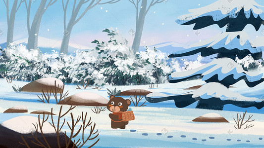 熊插画图片_小雪风景冬天小熊树林雪地