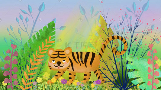 可爱的丛林之王搞怪老虎散步在草丛中