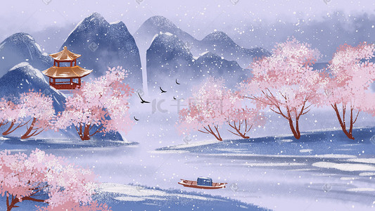 冬天雪花插画图片_冬天风景湖边雪林中国风山水雪景