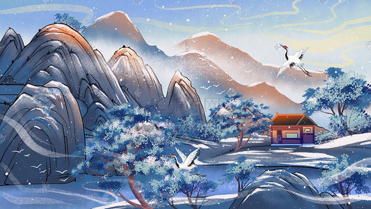 冬天下雪树林插画图片_冬天风景中国风河边小屋山水雪景