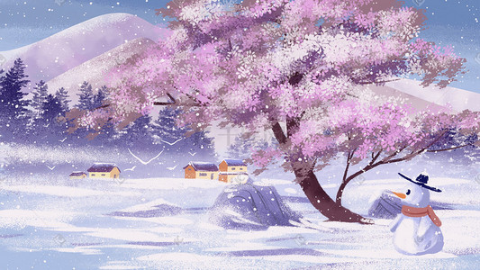 冬日风景插画图片_冬天唯美治愈大树雪人冬天风景雪景