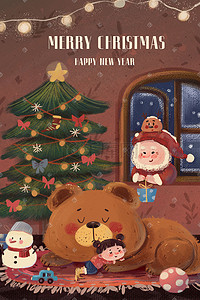 圣诞快乐英文贺卡插画图片_圣诞节圣诞平安夜女孩与狗狗等待礼物