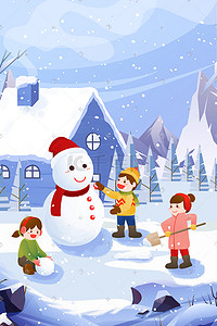 儿童物品插画图片_冬天下雪儿童堆雪人玩雪手绘插画