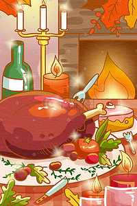 烤鸡插画图片_感恩节一家团圆客厅吃烤鸡