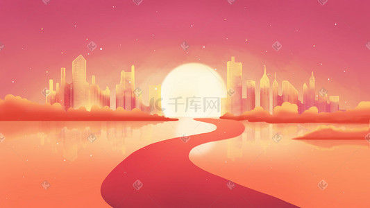 河流黄色插画图片_夕阳下的城市落日余晖