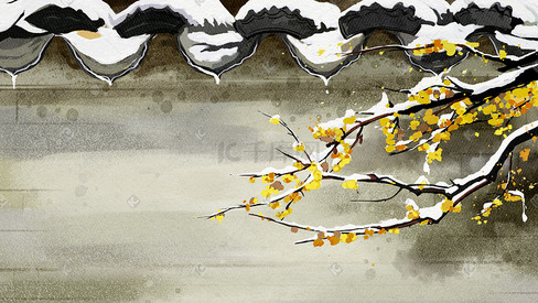 中国风古风冬天梅花开在枝头雪中城墙