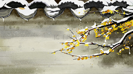 雪中插画图片_中国风古风冬天梅花开在枝头雪中城墙