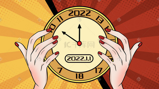 字母钟表插画图片_2022元旦新年红色背景插画走针钟表漫画
