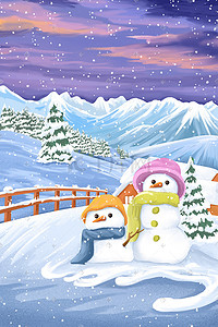 冬日雪人在树林远山处雪景插画