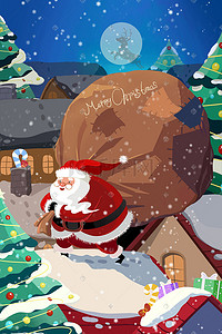 屋顶招牌插画图片_圣诞节圣诞平安夜圣诞老人屋顶送礼物