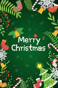 贺卡和风插画图片_圣诞节卡通扁平插画贺卡圣诞元素植物圣诞袜