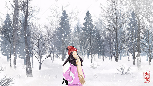 冬天冬季树林大雪里站在雪地里的女孩