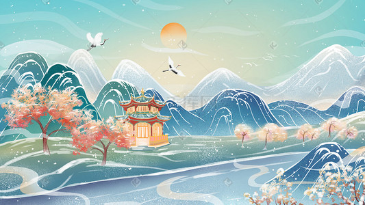 国潮风海报插画图片_国潮风节气大雪山水古亭雪景插画海报背景