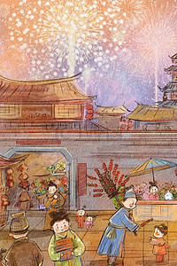 过年桔子插画图片_中国风古代春节新年过年集市买年货